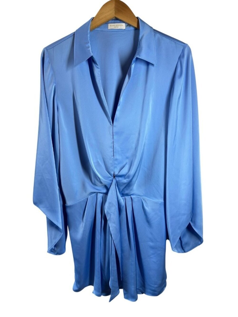Ramy Brook Blue Satin Twist Front Mini Dress Bell Sleeve Shirt Dress Size L - Picture 2 of 8